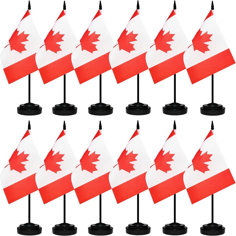 BCLin 12 Pack Canada Desk Flags Set, Canadian Small Mini Table Office Flags With 12" Solid Black Pole, Black Base and Spear Top, Miniature Desktop Flag, Home Decoration, Office Decoration, Festival - Image 1
